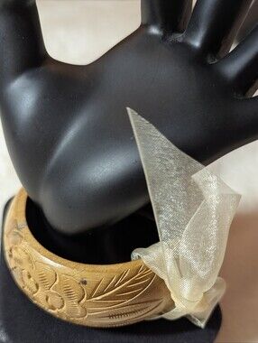 Deadstock Vtg 1970s Global Traveler Wide Hand Carved Wood Cuff Bracelet Silk Bow